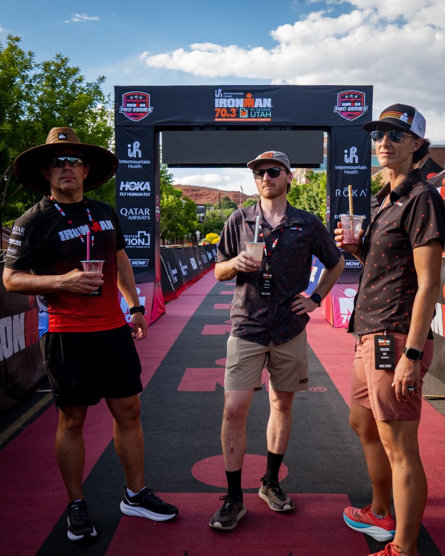 Announcers on the finish carpet at IRONMAN 70.3 St. George