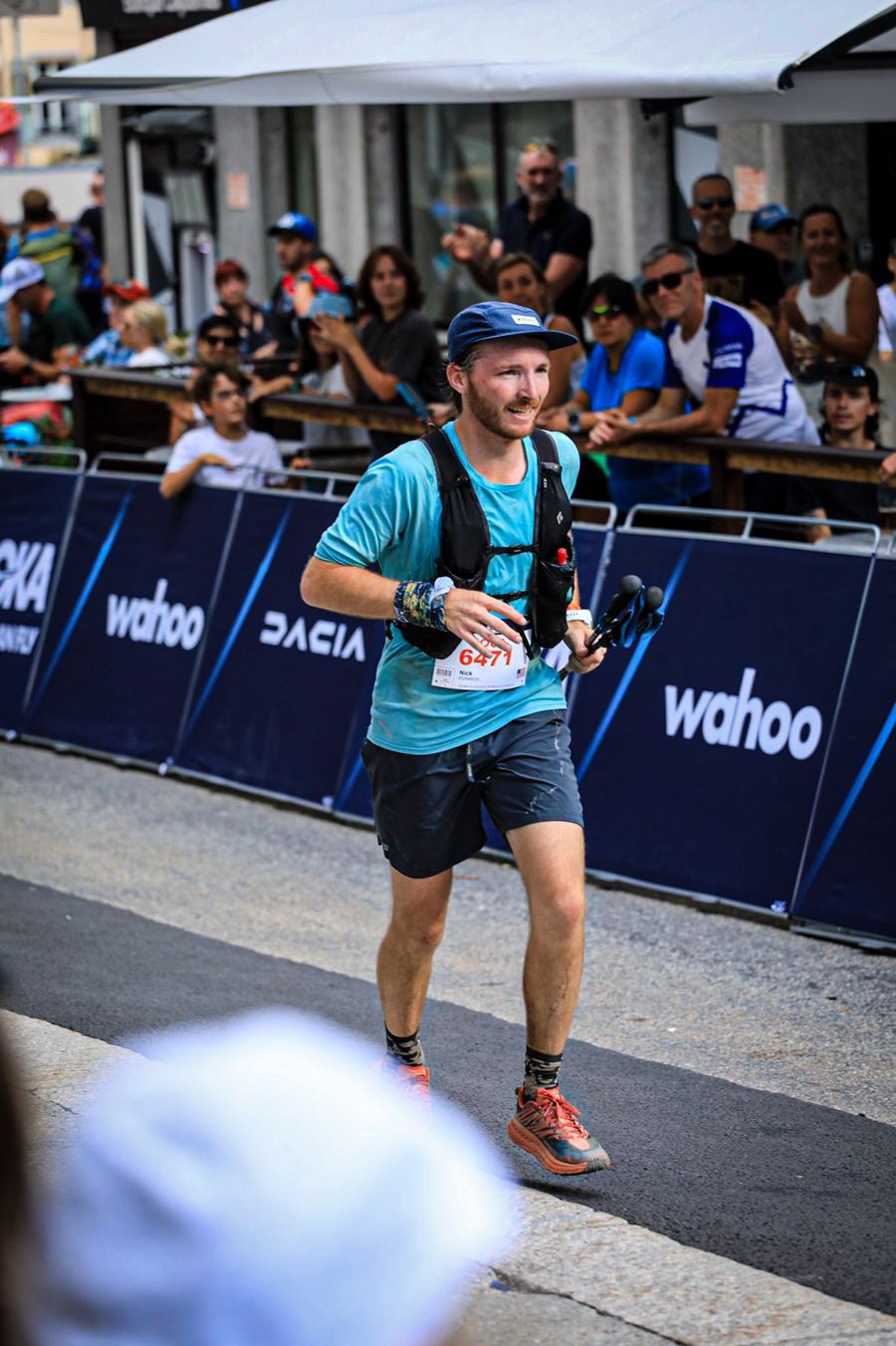 Running through the finish area at a UTMB World Series race