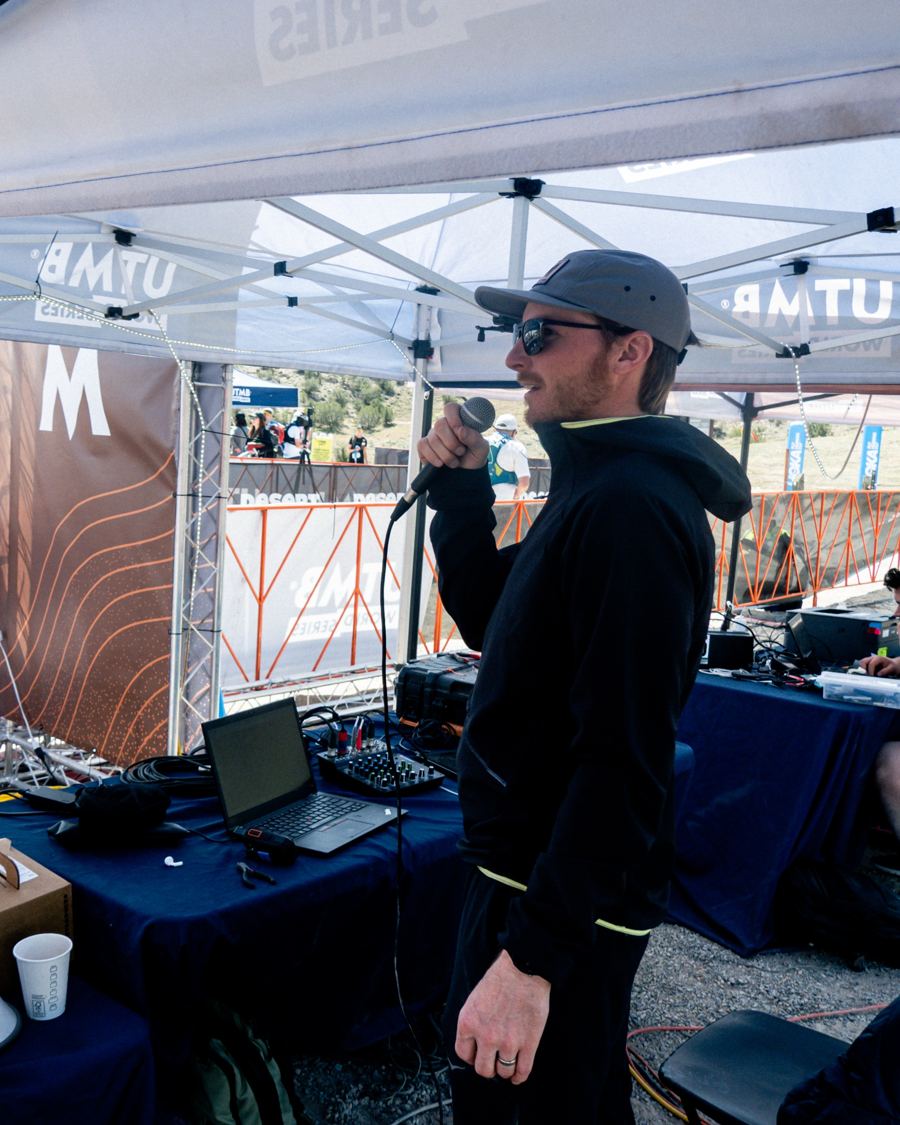 Announcing from a UTMB tent at the finish
